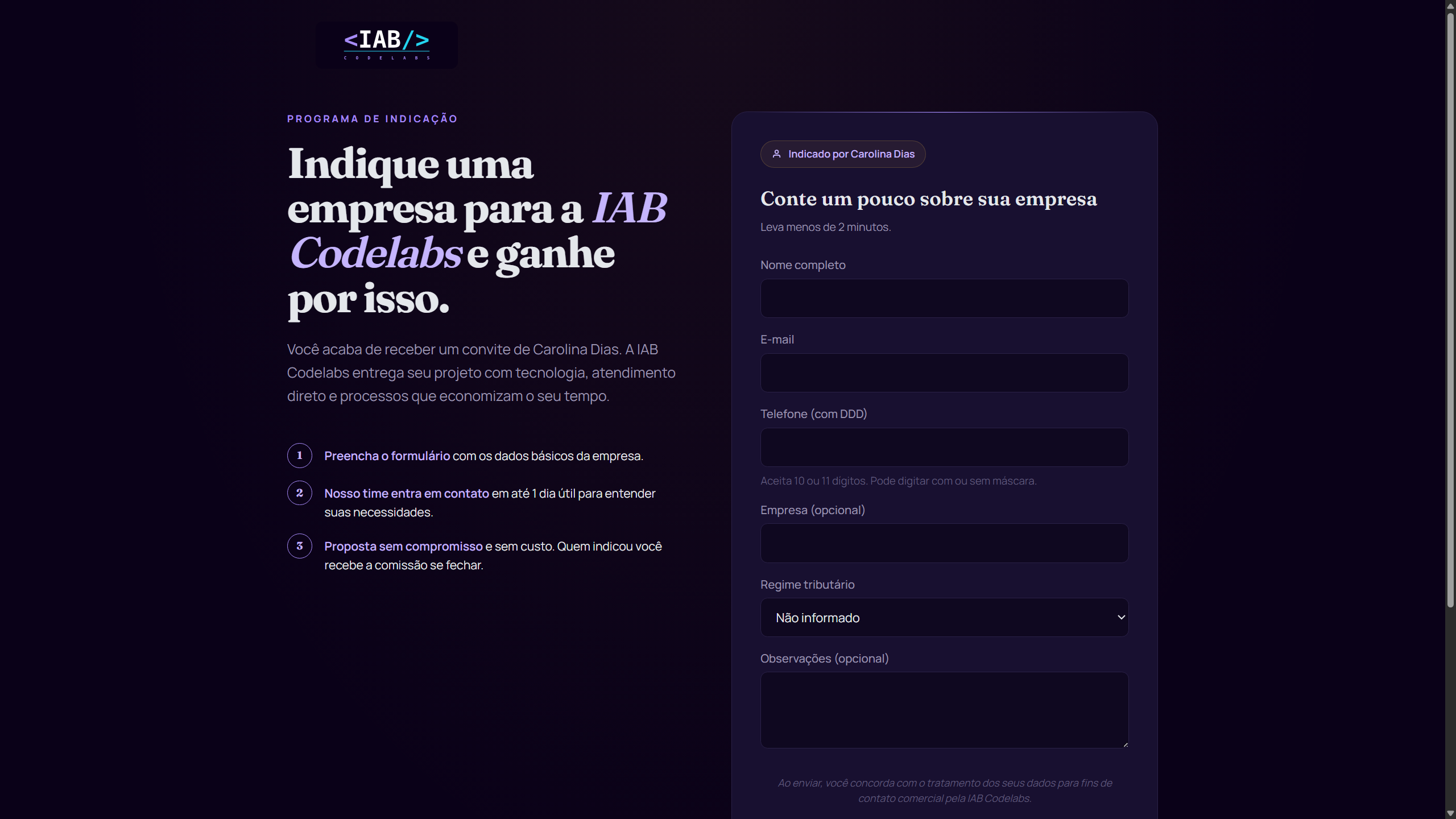 Página pública de captação do Refer