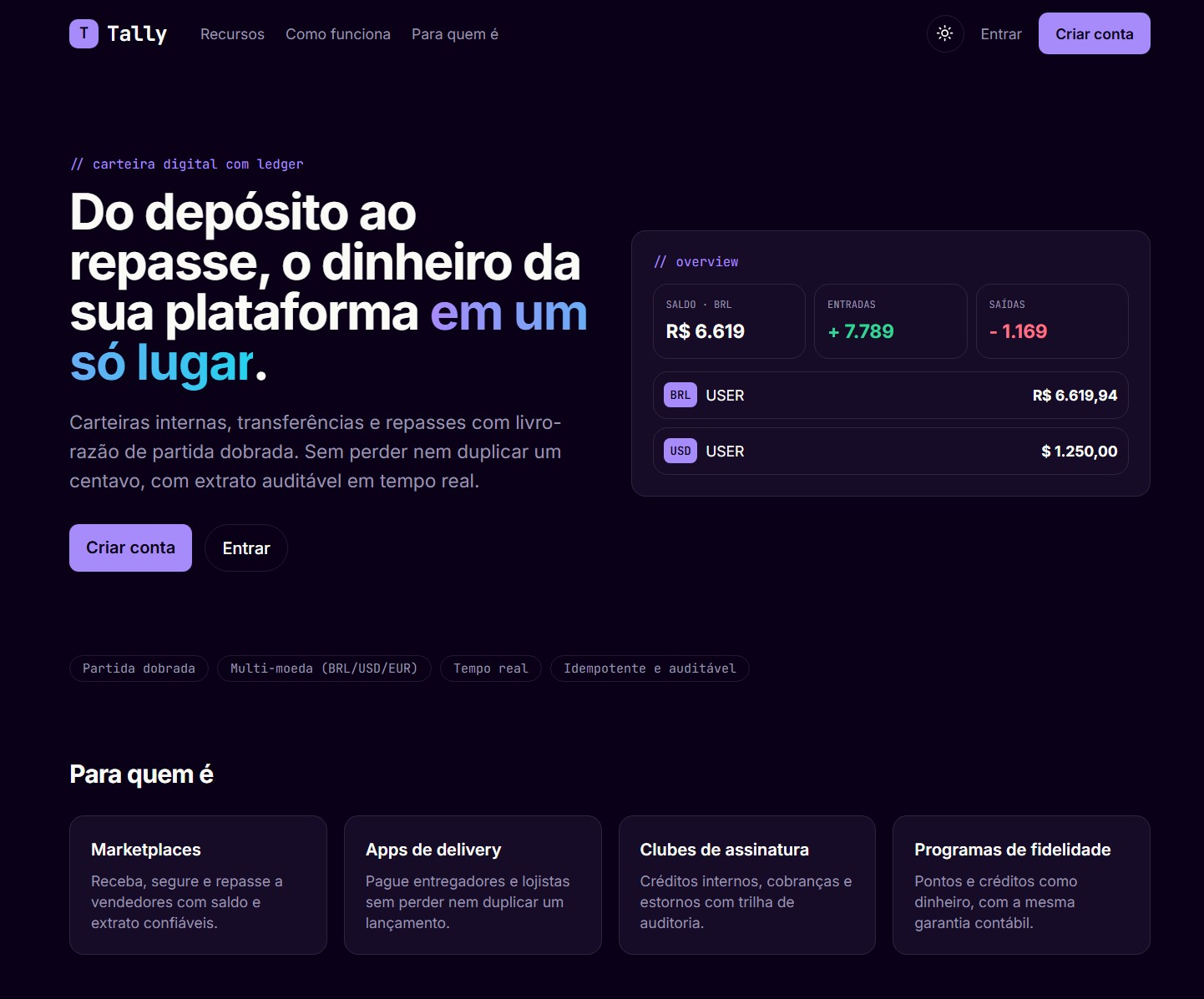 Landing do Tally, carteira digital com ledger